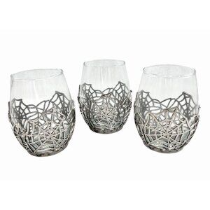 NWT SET OF 3 LARGE SILVER METAL SPIDERWEB STEMLESS WINE WATER GLASSES HALLOWEEN